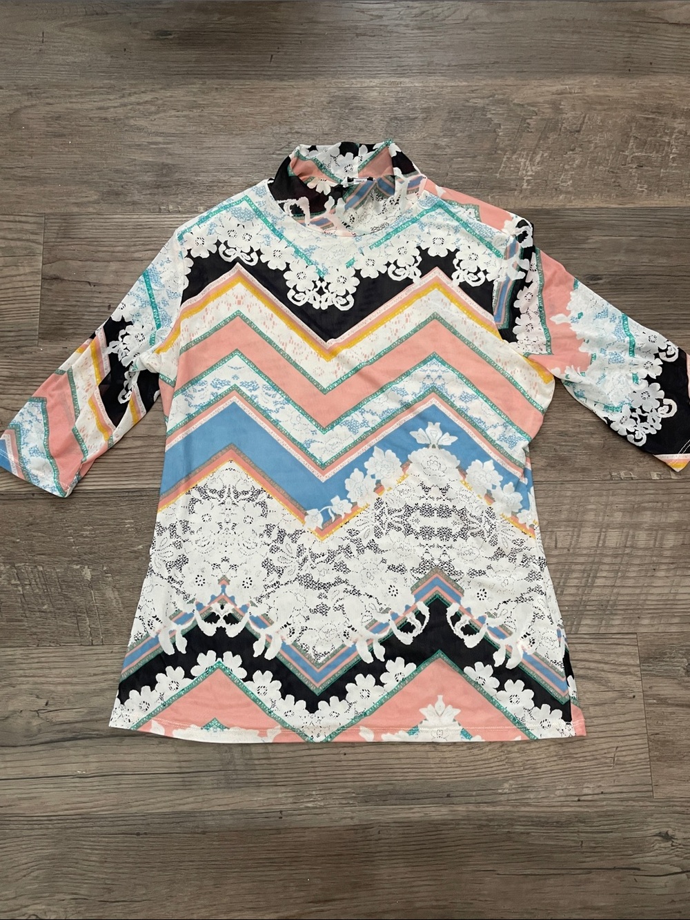 Guess Women’s Printed Chevron Lace-Accent Top in Coral, Blue & Black